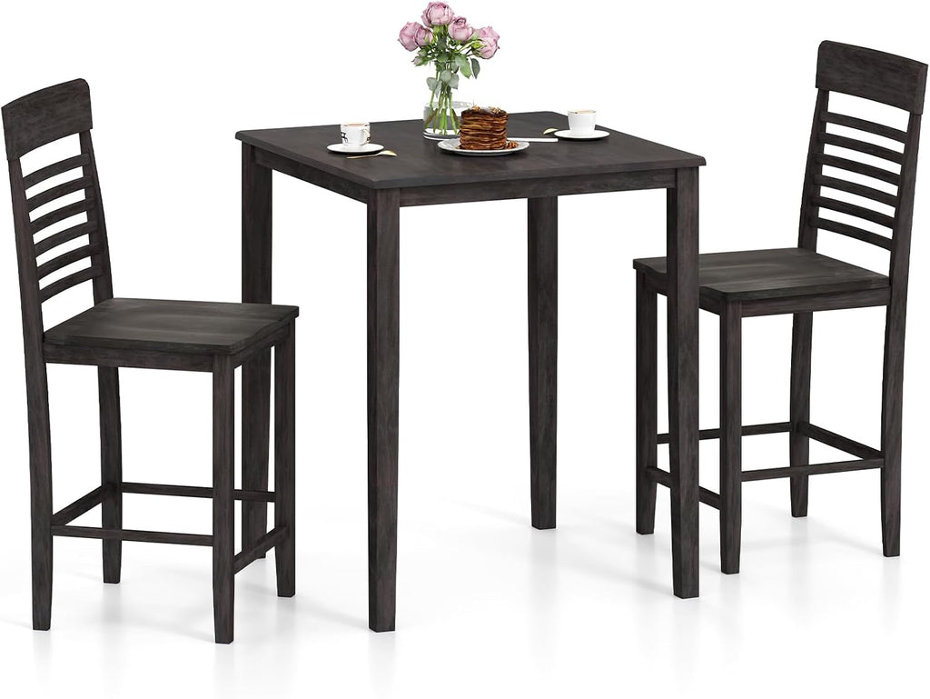 Giantex 3-Piece Dining Table Set for 2, Counter-Height Square Kitchen Table and Chairs Set with Rubber Wood Frame, Curved Back, Footrest, Bar Table Set for Small Place Dinette Breakfast Nook