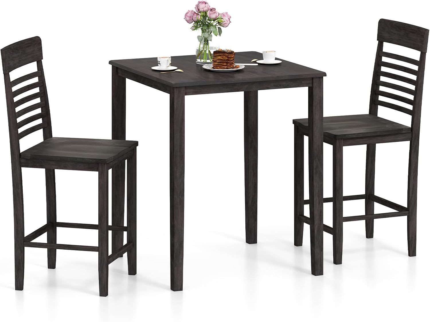 Giantex 3-Piece Dining Table Set for 2, Counter-Height Square Kitchen Table and Chairs Set with Rubber Wood Frame, Curved Back, Footrest, Bar Table Set for Small Place Dinette Breakfast Nook