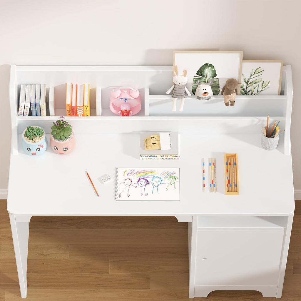 Kids Study Desk with Chair,Wooden Children Study Table, Kids Desk & Chair Sets with Hutch and Storage Cabinet for 3-12 Year Old, Student Writing Desk Computer Workstation for Kids Bedroom & Study Room