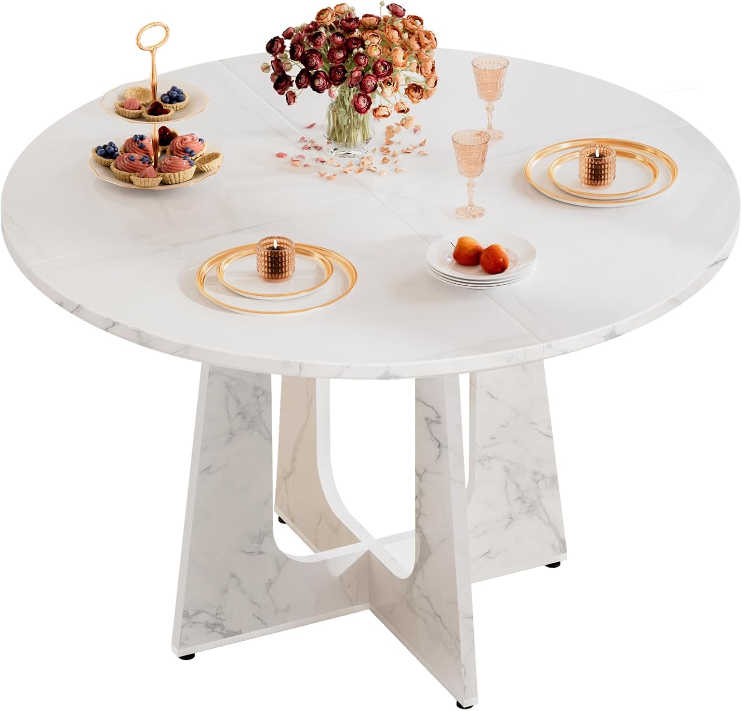 47' Round Dining Table for 4-6, Farmhouse Wood Kitchen Table, Mid-Century Wooden Circle Dinner Room Table Easy Assembly for Dining Room, Kitchen, Living Room (Faux Marble)