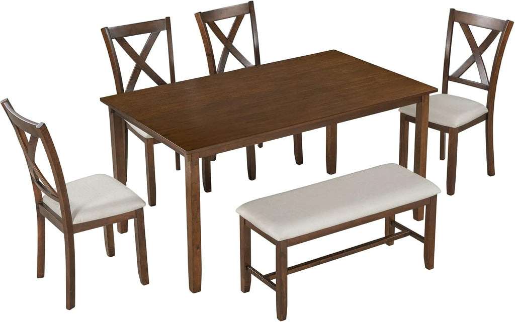 Harper & Bright Designs 6 Pieces Dining Table Set, Wooden Rectangle Table and 4 Chairs with Bench with Cushion, Kitchen Table Chairs Set for 6 Persons, Dining Room Set - Natural Cherry