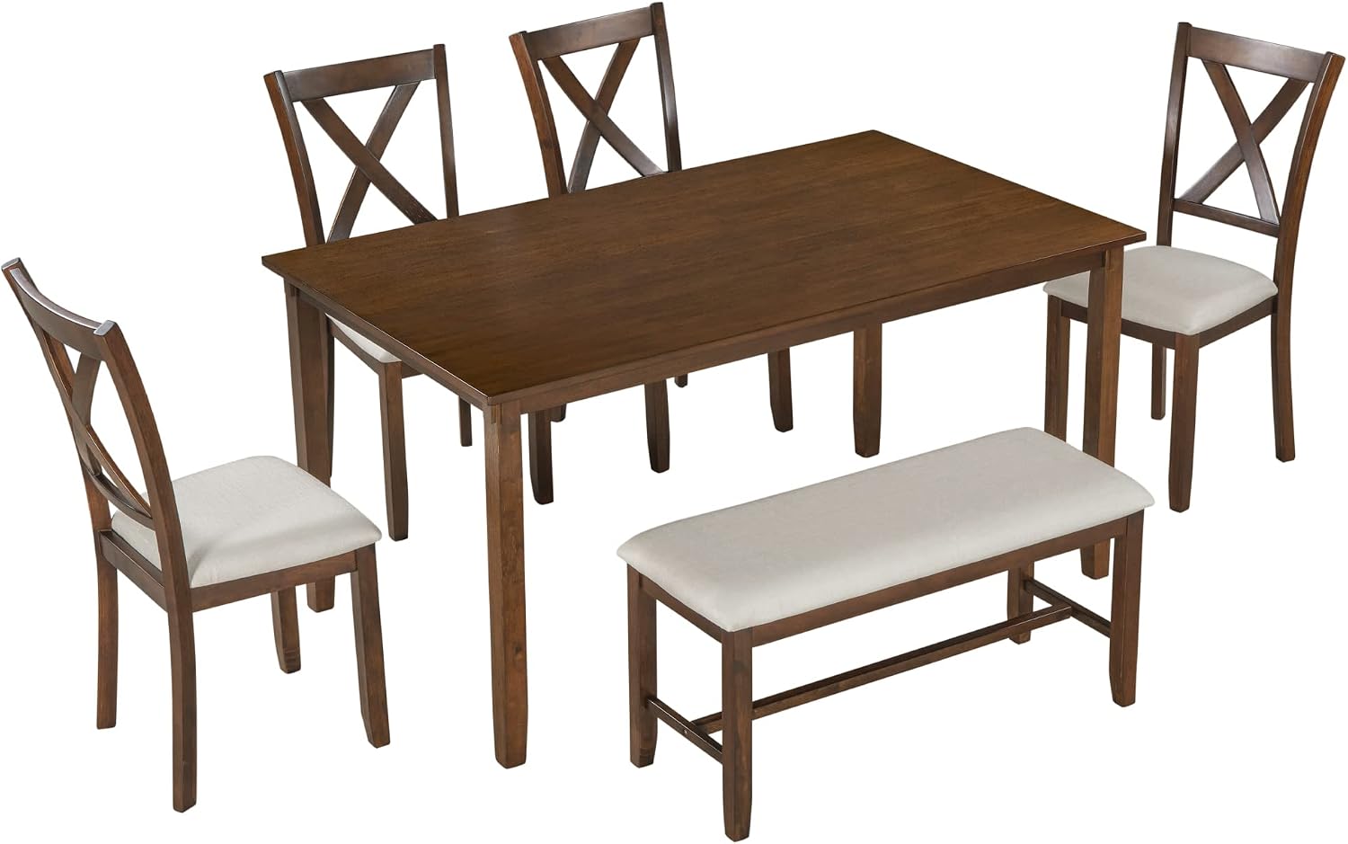 Harper & Bright Designs 6 Pieces Dining Table Set, Wooden Rectangle Table and 4 Chairs with Bench with Cushion, Kitchen Table Chairs Set for 6 Persons, Dining Room Set - Natural Cherry