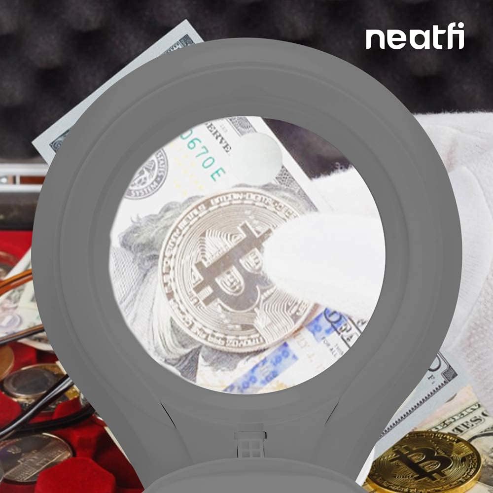 Neatfi LED Bifocal Magnifying Lamp 1,200 Lumens – 5' Glass Lens, Dual Magnification 2.25X/6X, Dimmable | Adjustable Arm with Clamp | Crafting, Jewelry & Reading (5 Diopter + 20 Diopter, Silver)