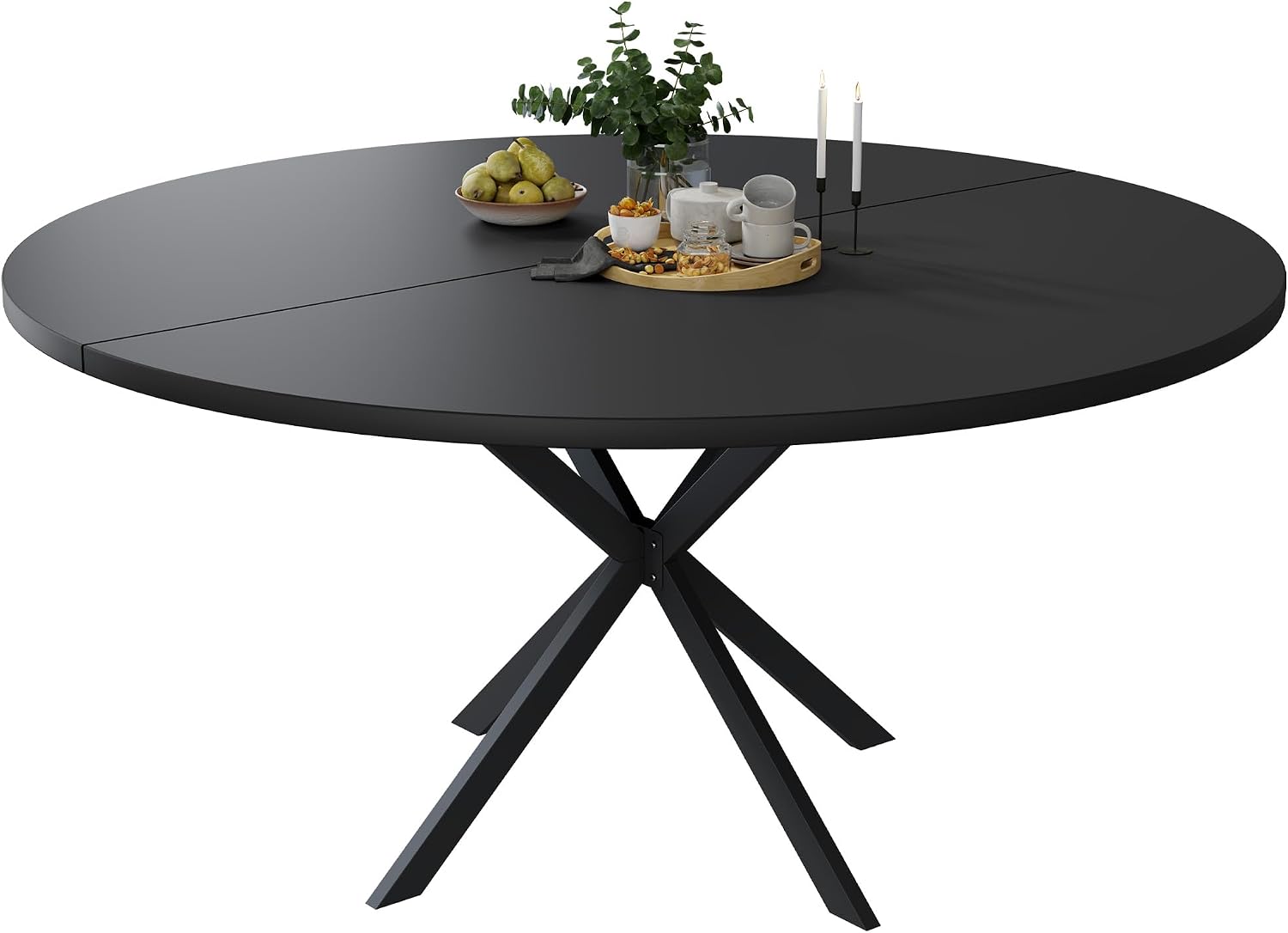 47.24' Round Dining Table, Modern Dining Room Table for 4-6 Person, Wood Round Kitchen Table with Metal Legs, Round Coffee Table for Home Dining Room Living Room (Black)