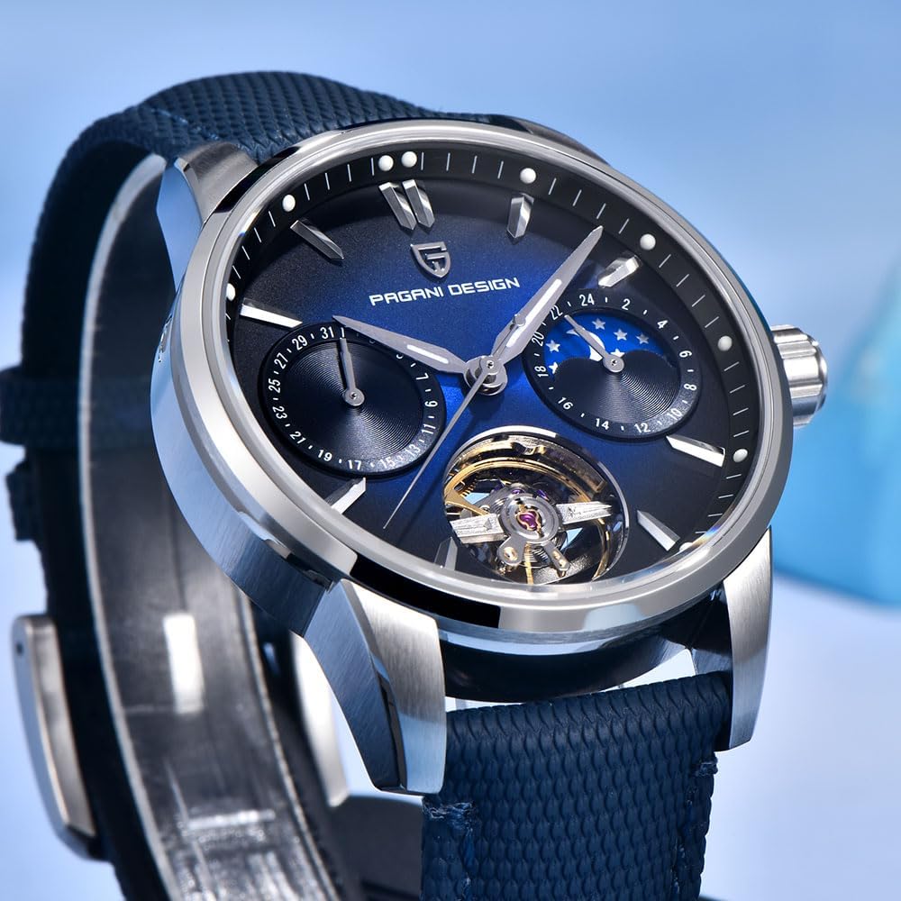 Pagani Design Luxury Men's Automatic Watch Skeleton Tourbillon Moon Phase Stainless Steel 100m Waterproof Leather Strap Men's Mechanical Watch