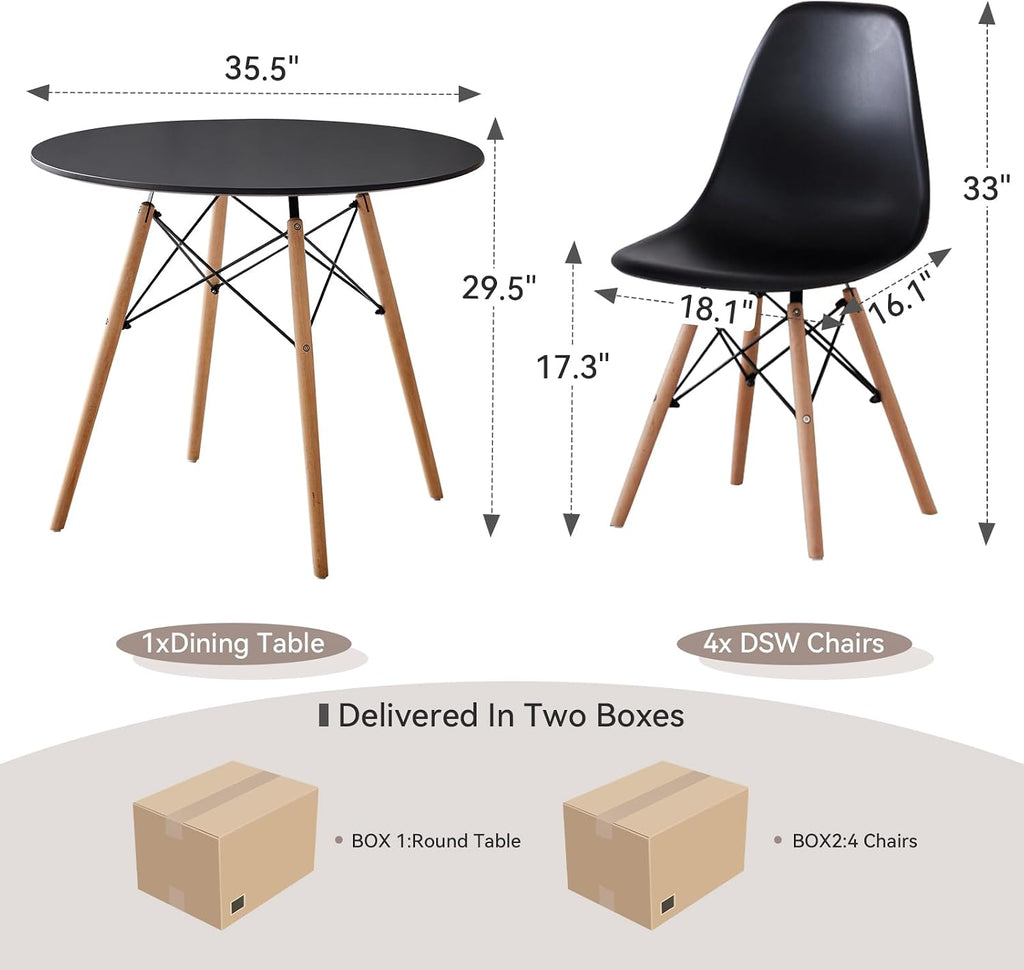 5-Piece 35.5' Round Dining Table Set, Small Kitchen Table Chairs Set of 4 Plastic Seats, Solid Wood Legs, Space Saving Furniture for Living Room Apartment Office Home, Black