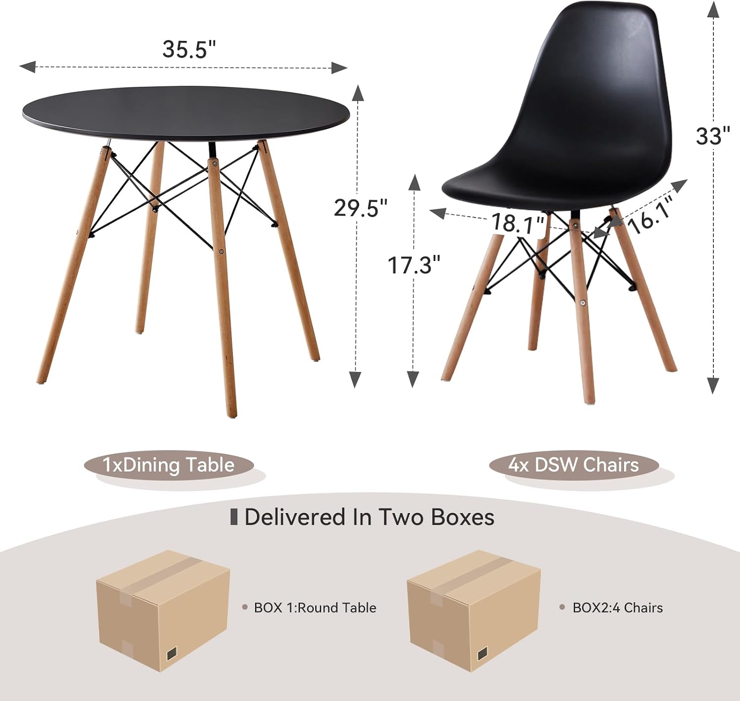 5-Piece 35.5' Round Dining Table Set, Small Kitchen Table Chairs Set of 4 Plastic Seats, Solid Wood Legs, Space Saving Furniture for Living Room Apartment Office Home, Black