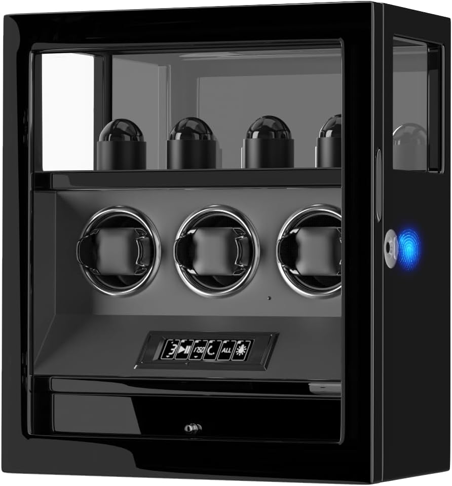 DUKWIN Watch Winder, Fingerprint Lock Automatic Watch Winder for 3/6/9 Watches with 4 Holders,300-2300 TPD,Digital Display, Remote Control,Jewelry Storage and Adjustable Watch Pillow and LED Light