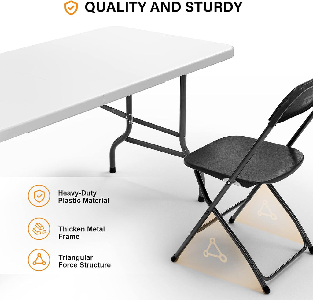 VINGLI 6 FT Plastic Folding Table Set with 6 Black Folding Chairs for Picnic, Event, Training, Outdoor Activities, at Home and Commercial Use