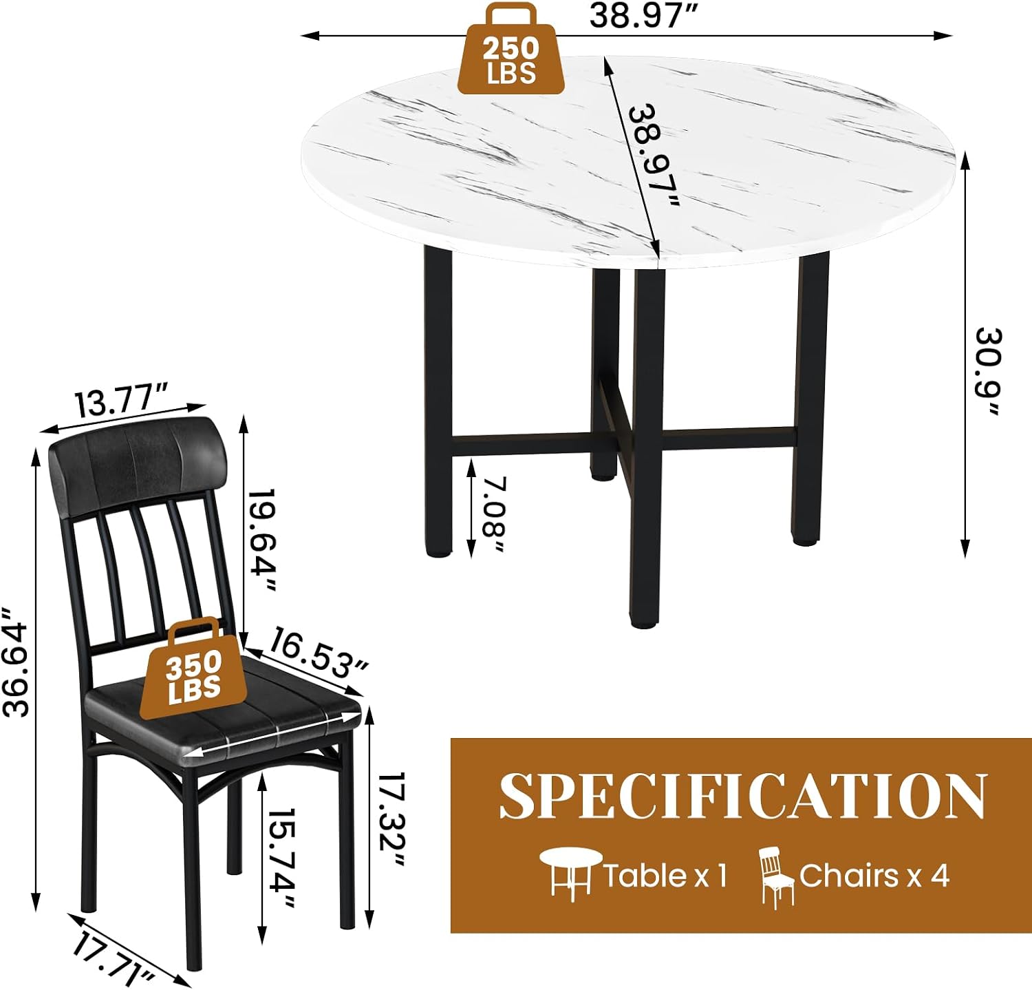 AWQM Round Dining Table Set for 4,Faux Marble Circle Dining Table Set with Chairs,Modern Kitchen Table and Chairs Set for 4,Round Dinner Table & Chair Set for Small Space,White