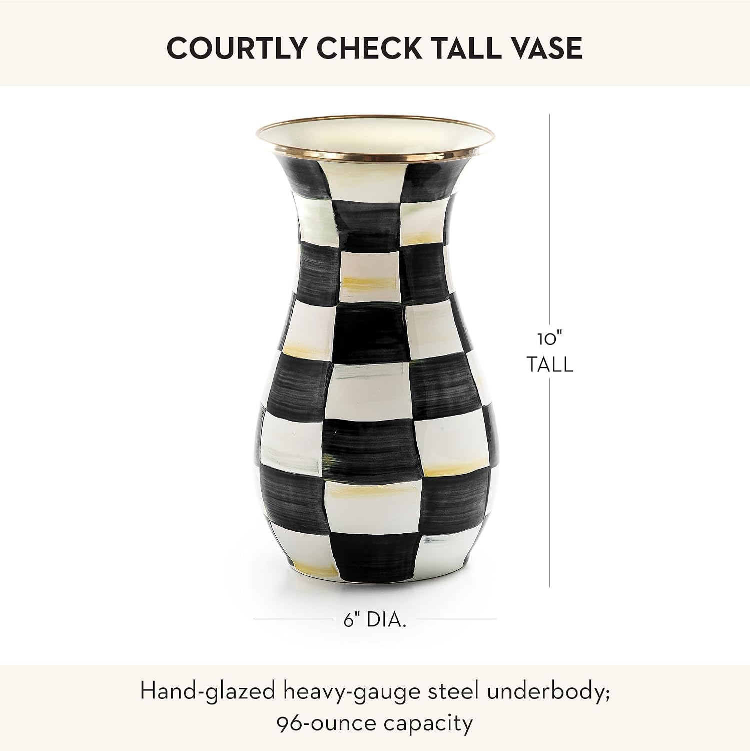 MACKENZIE-CHILDS Tall Enamel Vase, Unique Flower Vase, Decorative Table Decor for Living Room, Black-and-White Courtly Check