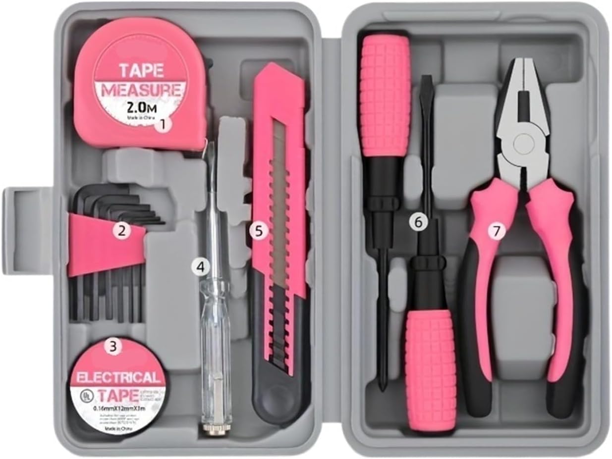13pcs pink household manual toolbox, including pliers, tape measure hammers, and other tools, can be used Compatible with home repairs.(Art knife style)