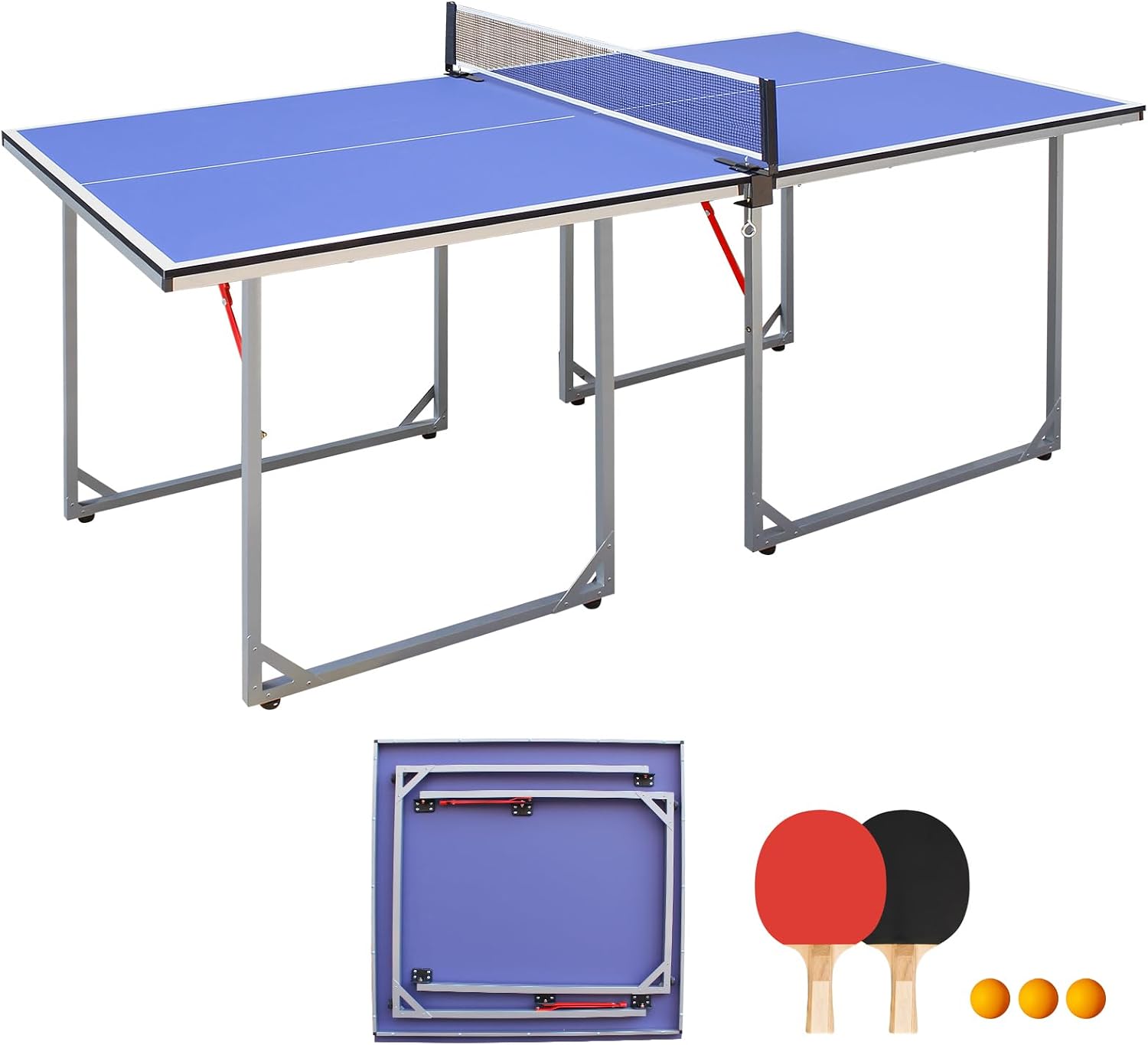Foldable Ping Pong Table Portable 4.5FT/6FT/9FT Indoor MDF Table Tennis Table Multi-Purpose Family Game Table with Net, 2 Paddles and 3 Balls for Kid Teenager Adult