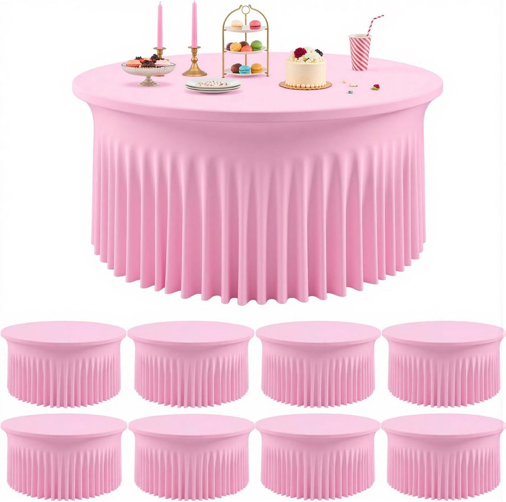 Outpain 8 Pack Pink 72inch Spandex Round Tablecloths, Stretchy 132inch Fitted 6FT Round Table Cloths, Wrinkle Free Table Cover with Skirt for Wedding Party Dining Banquet