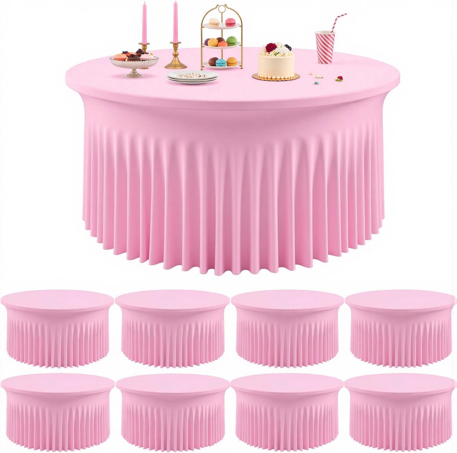 Outpain 8 Pack Pink 72inch Spandex Round Tablecloths, Stretchy 132inch Fitted 6FT Round Table Cloths, Wrinkle Free Table Cover with Skirt for Wedding Party Dining Banquet