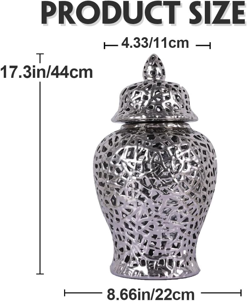 Pierced Ginger Jar Vase with Lid - 15.7' Tall Decorative Ceramic Jar for Home Decor, Centerpiece for Living Room, Dining Room, Entryway, or Office, Large Vase for Flowers (Silver)