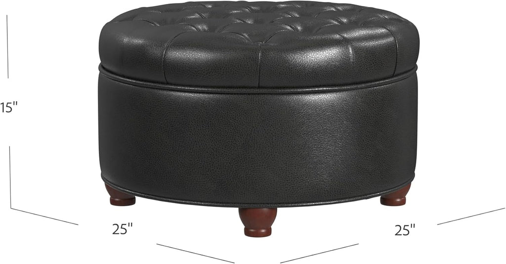 Homepop Home Decor | Button Tufted Faux Leather Round Storage Ottoman | Ottoman with Storage for Living Room & Bedroom (Black Faux Leather)