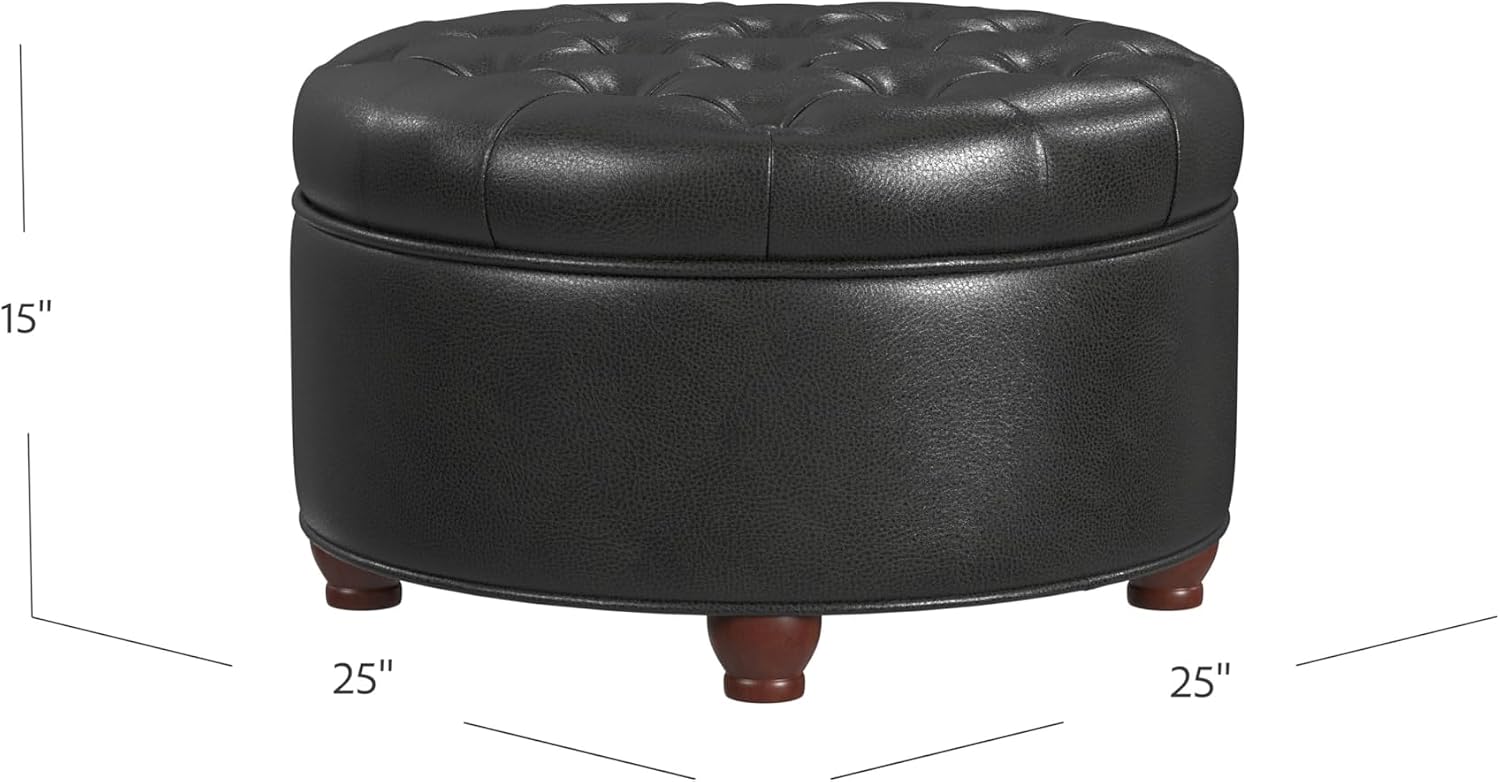 Homepop Home Decor | Button Tufted Faux Leather Round Storage Ottoman | Ottoman with Storage for Living Room & Bedroom (Black Faux Leather)