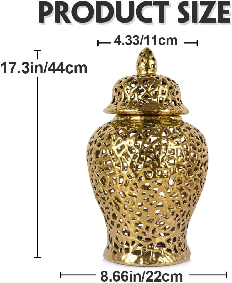 Gold Pierced Ginger Jar Vase with Lid - 15.7' Tall Decorative Ceramic Jar for Home Decor, Centerpiece for Living Room, Dining Room, Entryway, or Office, Large Gold Vase for Flowers