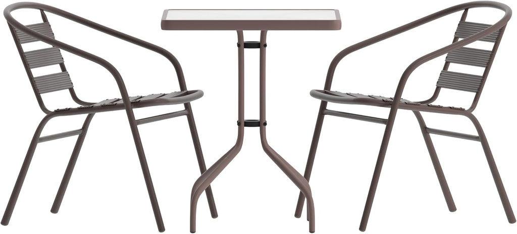 Flash Furniture TLH-0731SQ-017CBZ2-GG Lila 23.5'' Square Glass Table with 2 Metal Aluminum Slat Stack Chairs, Bronze