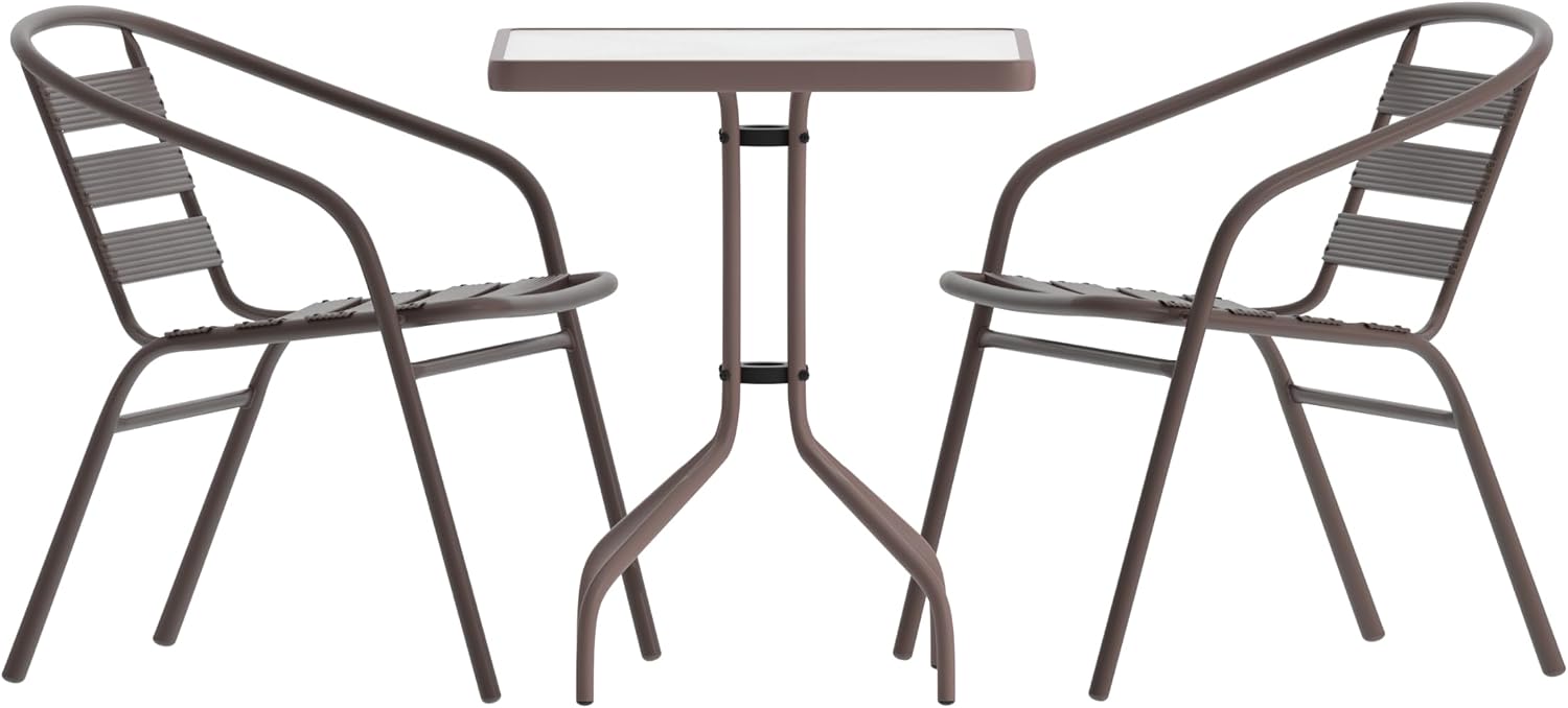 Flash Furniture TLH-0731SQ-017CBZ2-GG Lila 23.5'' Square Glass Table with 2 Metal Aluminum Slat Stack Chairs, Bronze