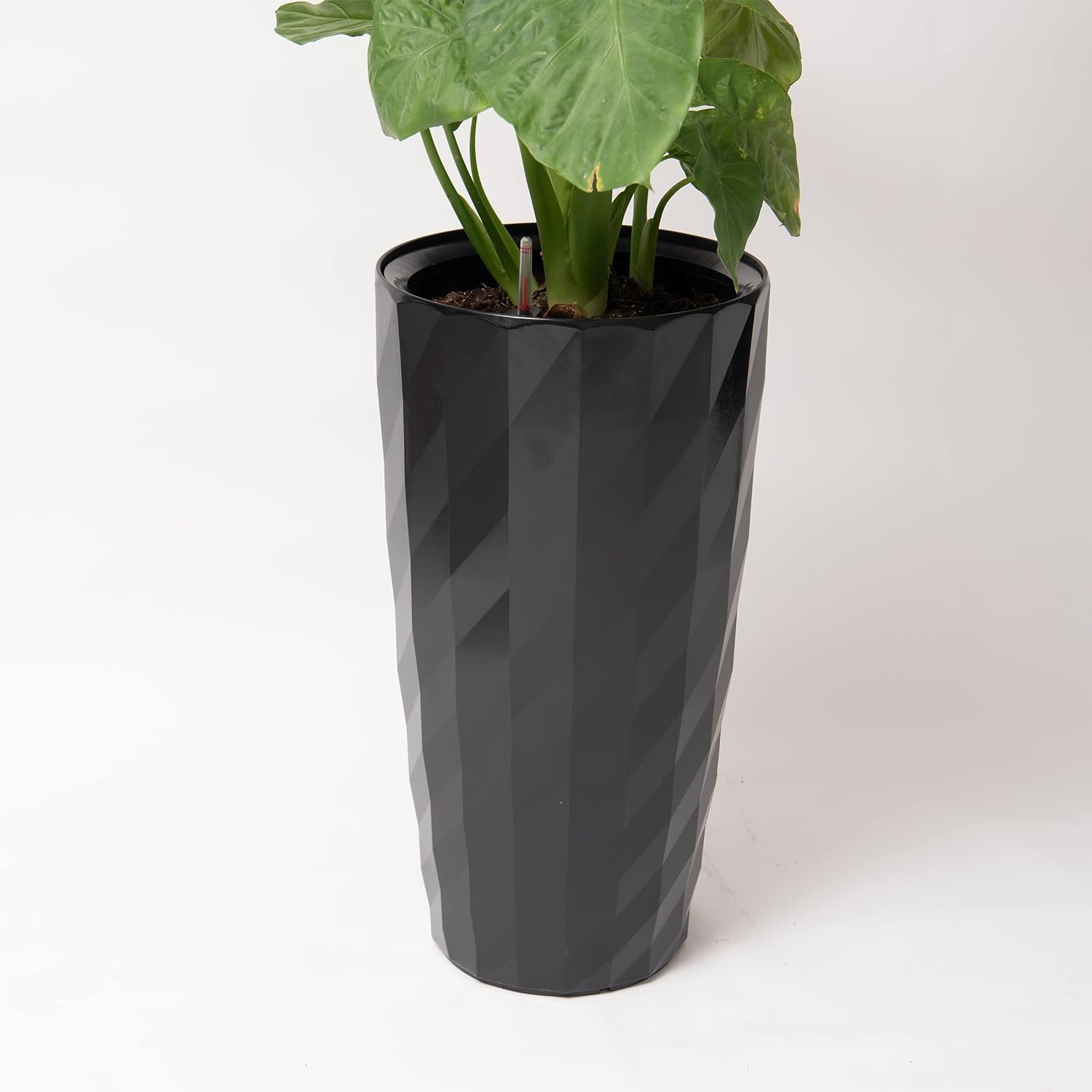XBrand 30' H Black Plastic Self Watering Indoor Outdoor Diamond Look Round Planter Pot, Tall Decorative Gardening Pot, Home Décor Accent