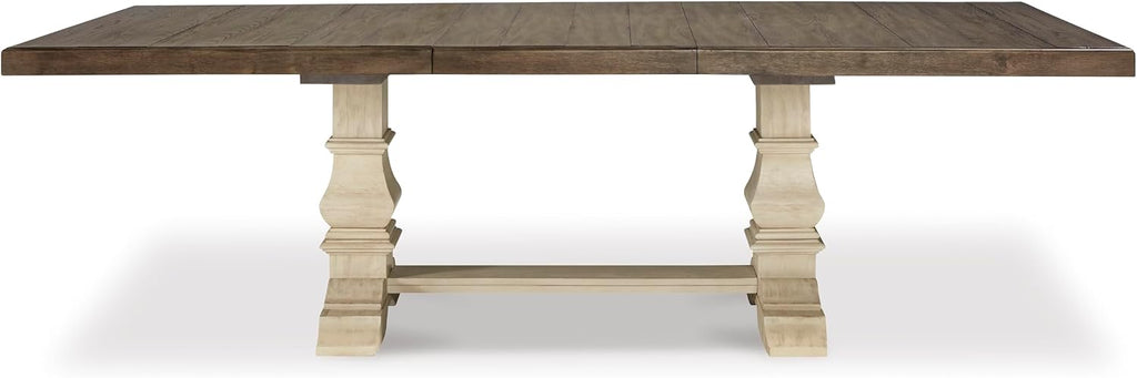 Signature Design by Ashley Bolanburg Farmhouse Extension Dining Table with Removable Center Leaf and Trestle Base, Dark Brown & White