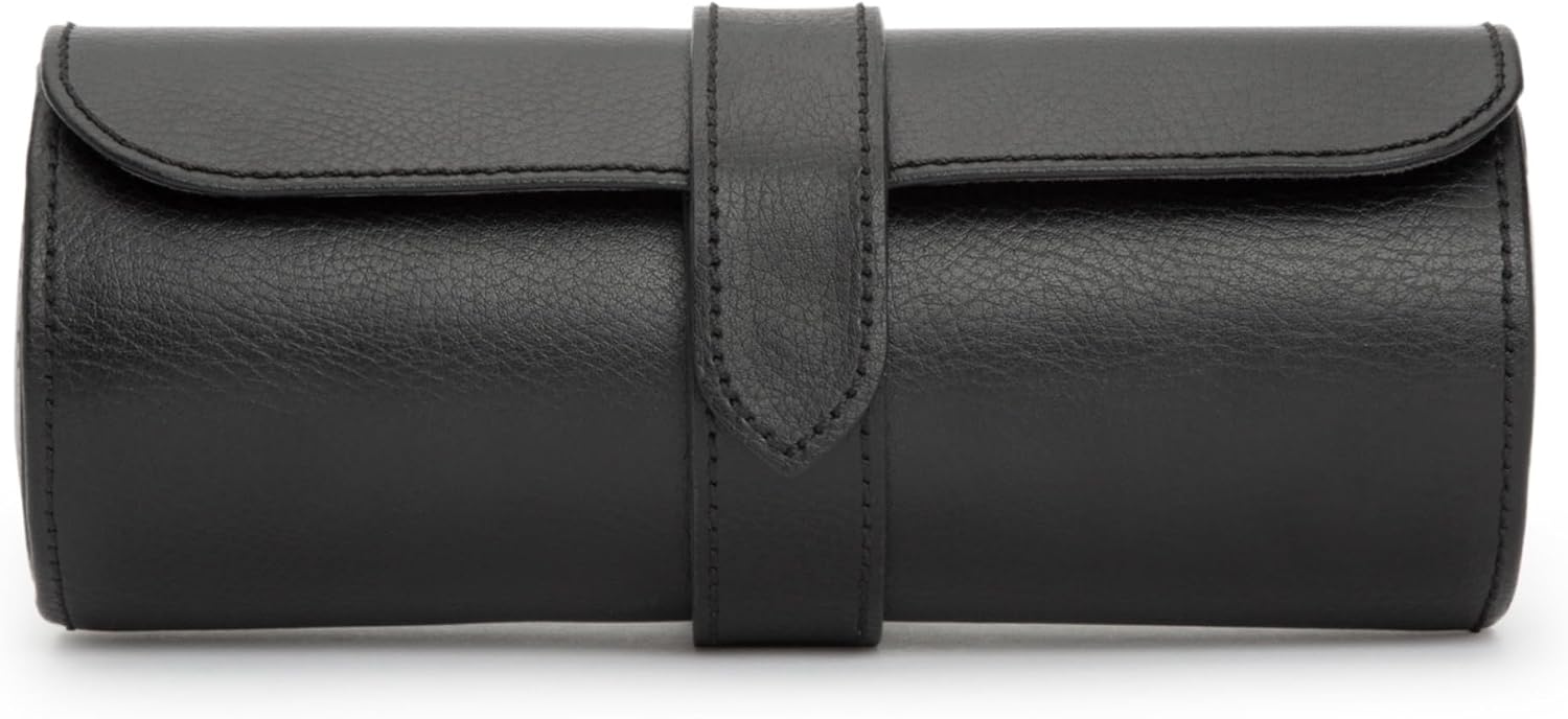 WOLF Heritage Watch Roll, Blake Black/Grey - Holds Up to Three Watches - Vegan Leather, Ultra-Suede Lining, Snap Closure - Includes Two Watch Guards