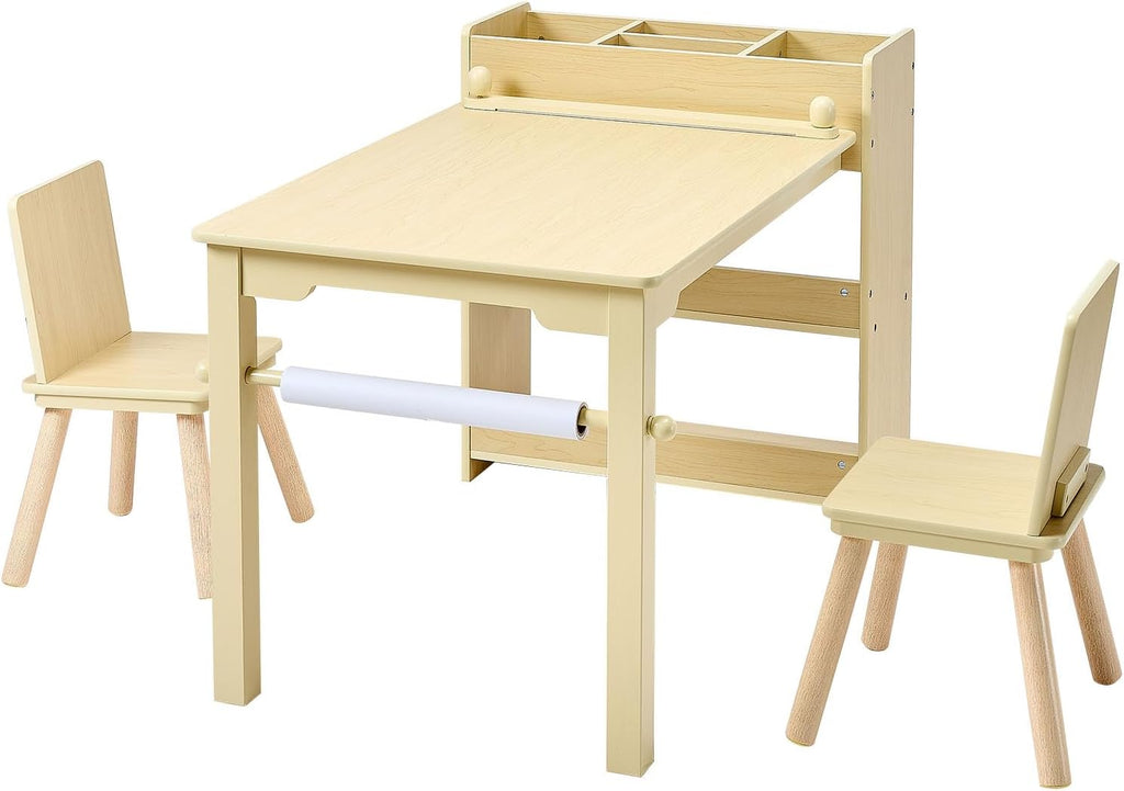 VEVOR Kids Art Table and Chair Set, Toddler Activity Table with Storage, Wood Kids Craft Desk with Paper Roll for Drawing, Reading, Writing, Kid Play Table for Nursery, Playroom, Classroom, Natural