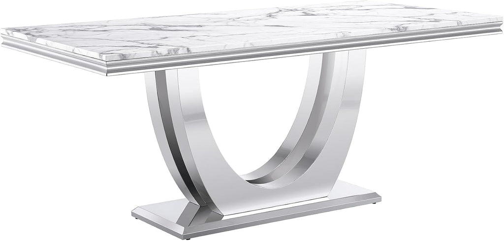 70' White Faux Marble Rectangular Dining Table, Luxury Kitchen Dinner Table for 6-8, Mid Century Modern Design with Silver Stainless Steel U Pedestal