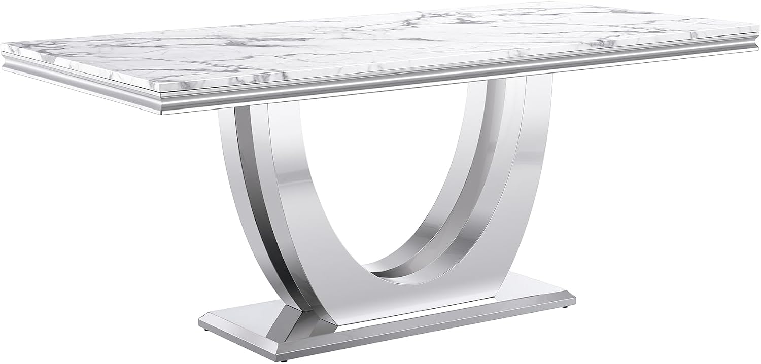 70' White Faux Marble Rectangular Dining Table, Luxury Kitchen Dinner Table for 6-8, Mid Century Modern Design with Silver Stainless Steel U Pedestal