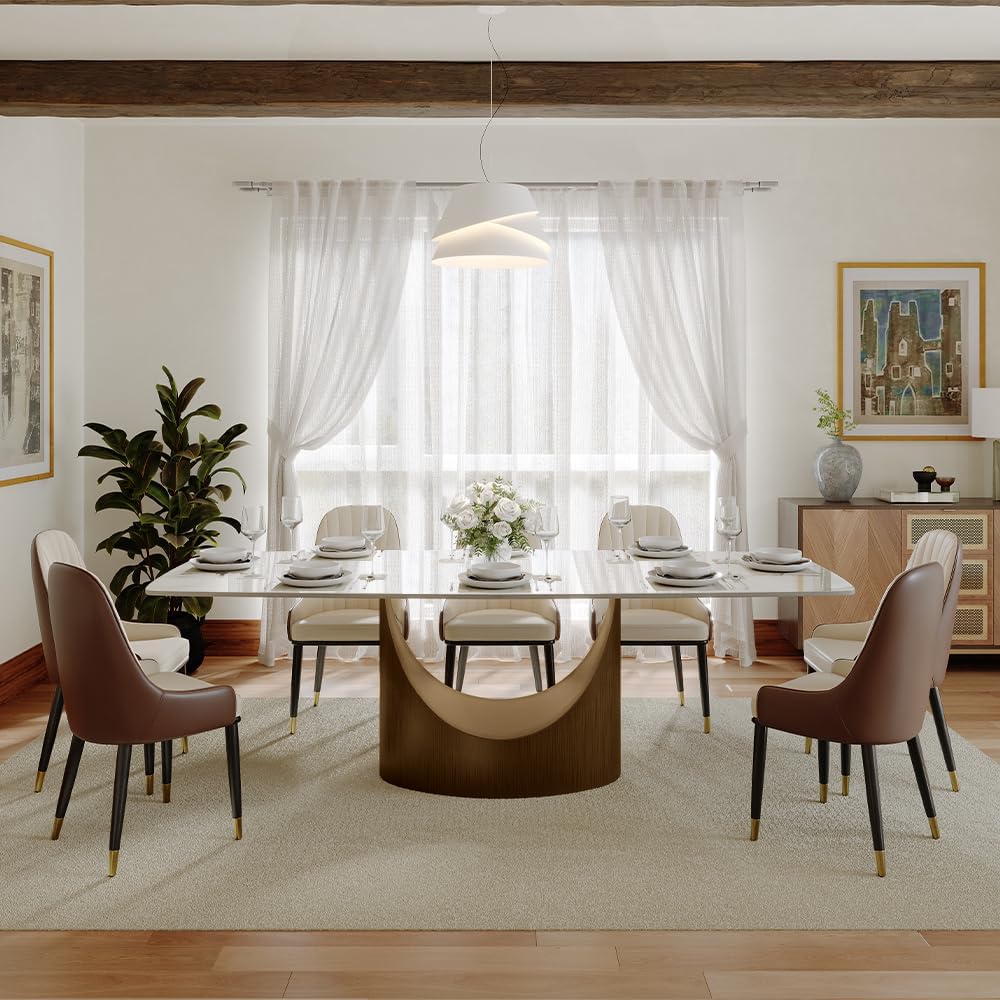 POVISON 79' Modern Dining Table for 6-8, Glossy White Dining Table Sintered Stone Dining Tabletop with Bronze Carbon Steel Pedestal for Dining Room (Table Only)