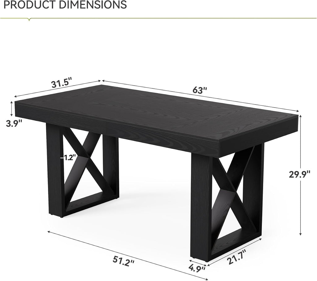 LITTLE TREE Dining Table for 4 People, 63-Inch Farmhouse Rectangle Kitchen Dinner Table for Dining Room, Kitchen, Living Room, Black