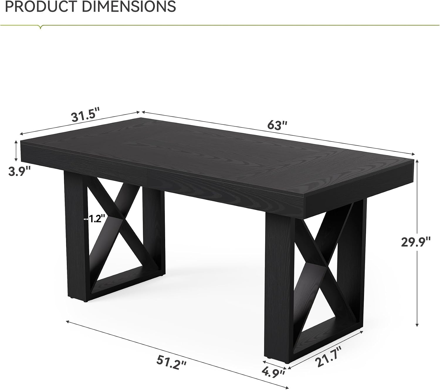 LITTLE TREE Dining Table for 4 People, 63-Inch Farmhouse Rectangle Kitchen Dinner Table for Dining Room, Kitchen, Living Room, Black