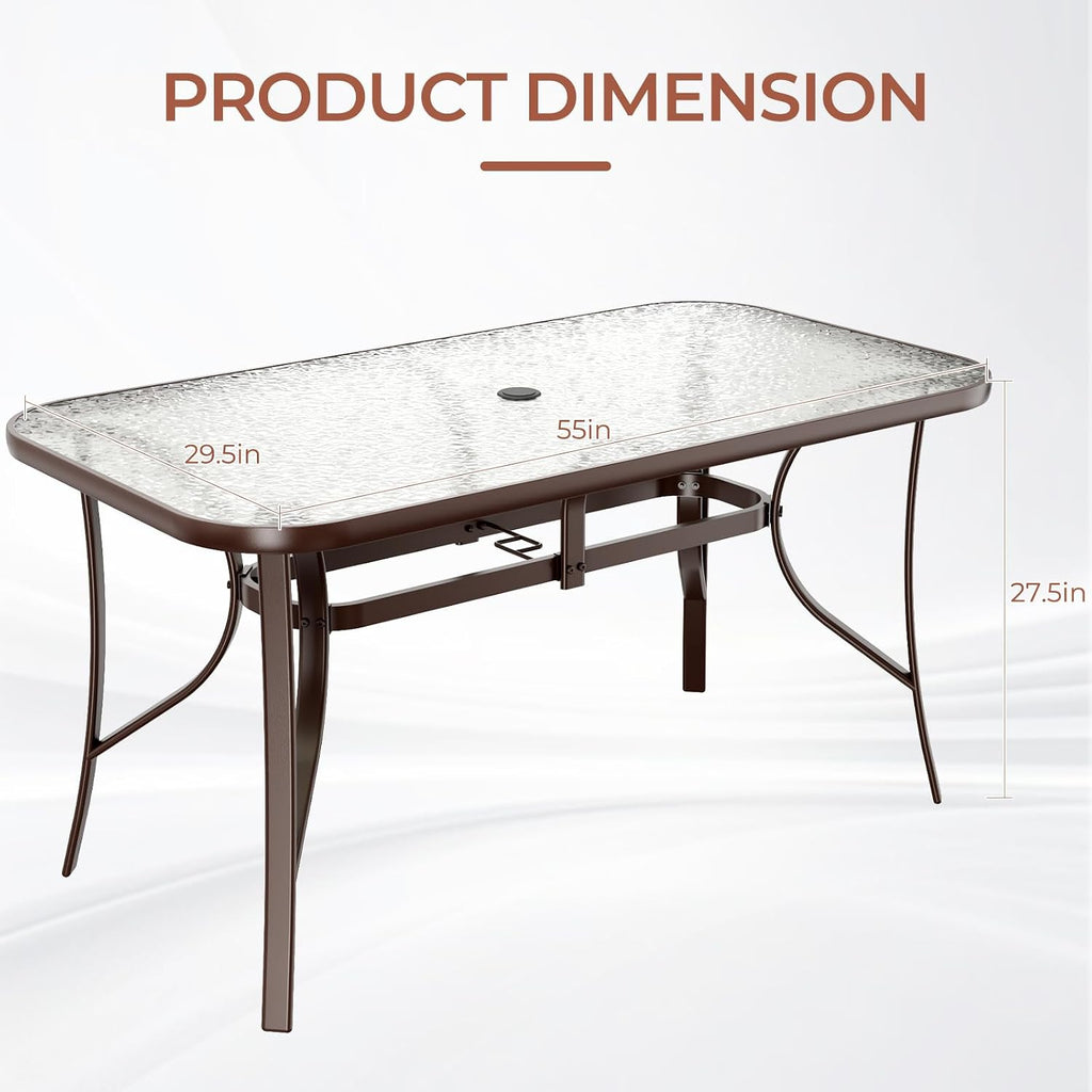 TLSUNNY Patio Outdoor Table W/ 1.69″ Umbrella Hole, 30'X 55' Rectangular Tempered Glass Patio Dining Table for 6, Outdoor Metal Furniture, All-Weather Use, for Patio, Graden, Backyard (Brown)