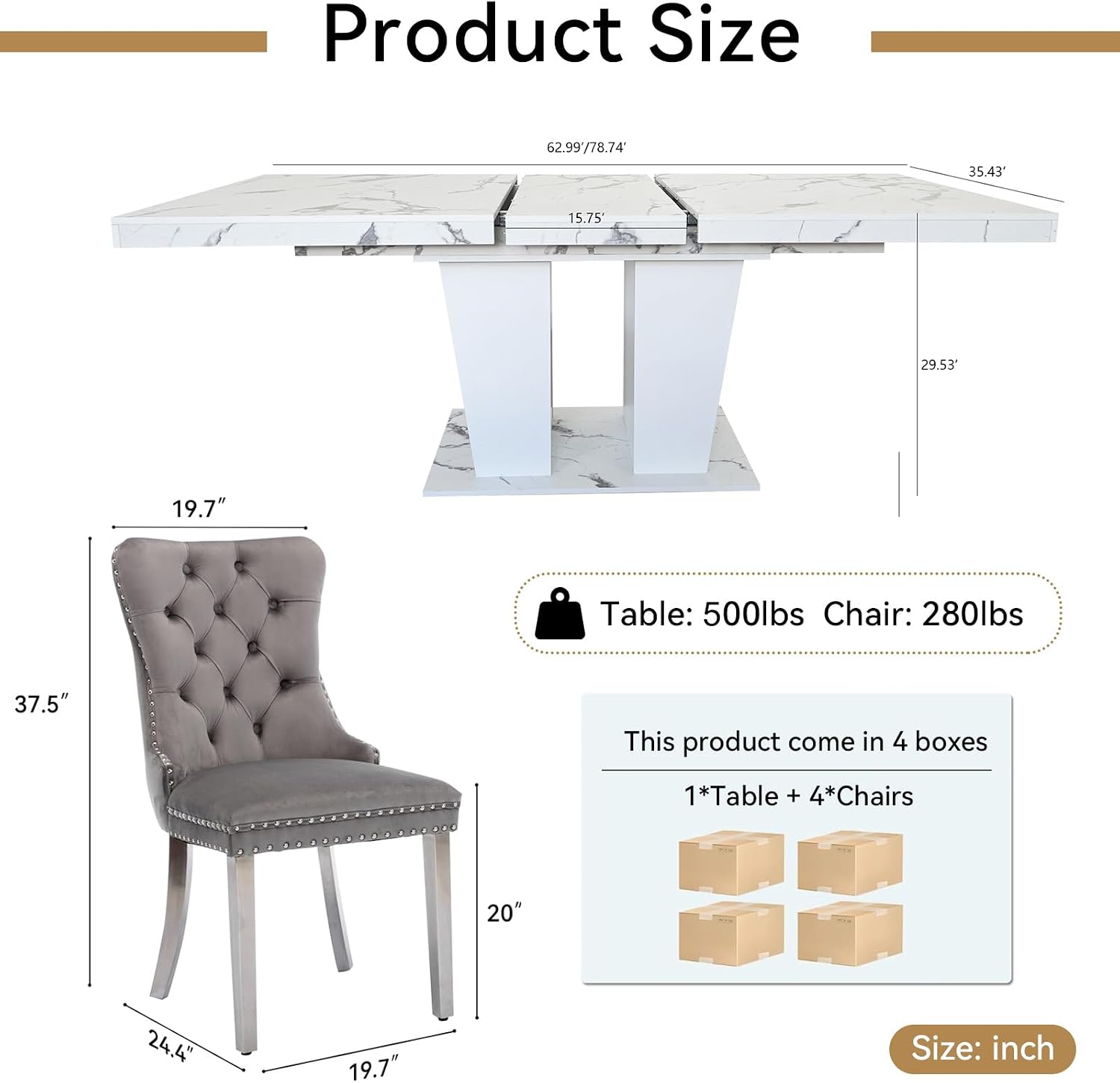 Henf 5 Pieces Faux Marble Dining Table Set for 4, 63'-79' Extendable Dining Room Table and 4 Grey Tufted Chairs Set for 4, Modern Large Expandable Kitchen Table with White Double Columns Base