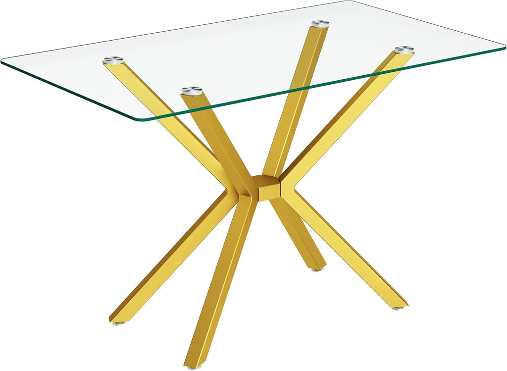 Dining Table Modern Tempered Glass Dinner Table, Rectangle Kitchen Table with Sturdy Metal Legs, Contemporary Minimalist Design, Ideal for Dining Room, Kitchen, or Small Spaces (Golden, 47.24')
