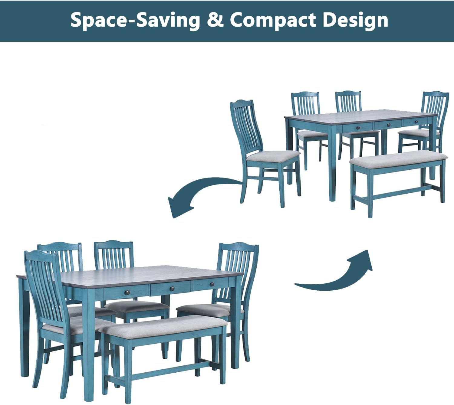 LUMISOL 6-Piece Solid Wood Dining Table Set, Farmhouse Kitchen Table Set with 4 Upholstered Chairs, Bench and Storage Drawers for Kitchen, Dining Room, Living Room, Antique Blue