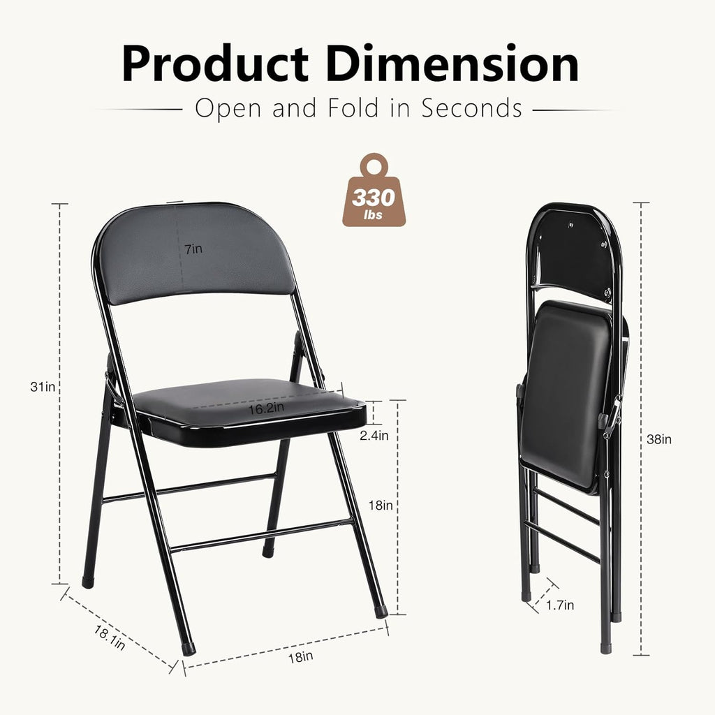 DUMOS 6 Pack Leather Padded Folding Chair, Indoor Outdoor Portable Stackable Commercial Seat with Steel Frame, Capacity for Home, Office, Party, Comfy, Black