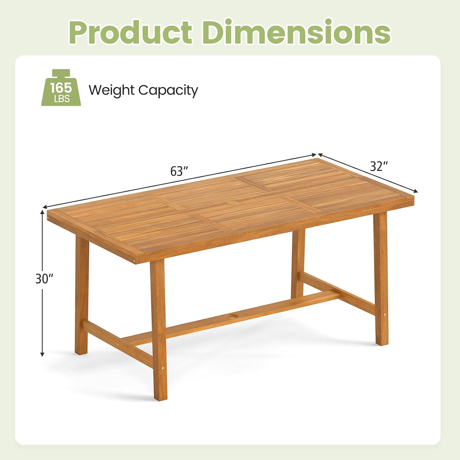 HAPPYGRILL Outdoor Acacia Wood Dining Table 63', Patio Wooden Table for 6, with Slatted Tabletop, 1.97' Umbrella Hole & Cover, for Backyard, Deck, Porch