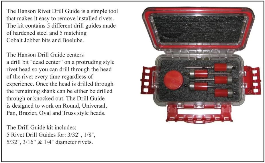 Rivet Removal Tool - HANSON RIVET Drill Guide, Makes Drilling Out Rivets Easy. Comes with Guides for 3/32', 1/8', 5/32', 3/16' & 1/4' Rivets
