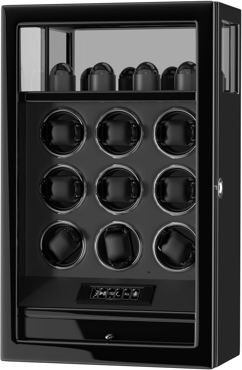 DUKWIN Watch Winder, Fingerprint Lock Automatic Watch Winder for 3/6/9 Watches with 4 Holders,300-2300 TPD,Digital Display, Remote Control,Jewelry Storage and Adjustable Watch Pillow and LED Light