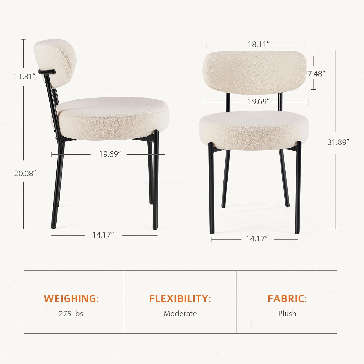 Sweetcrispy Dining Chairs Set of 4, Boucle Upholstered Modern Mid Century Round Kitchen Chairs with Curved Backrest & Metal Legs for Vanity, Living Room - Beige