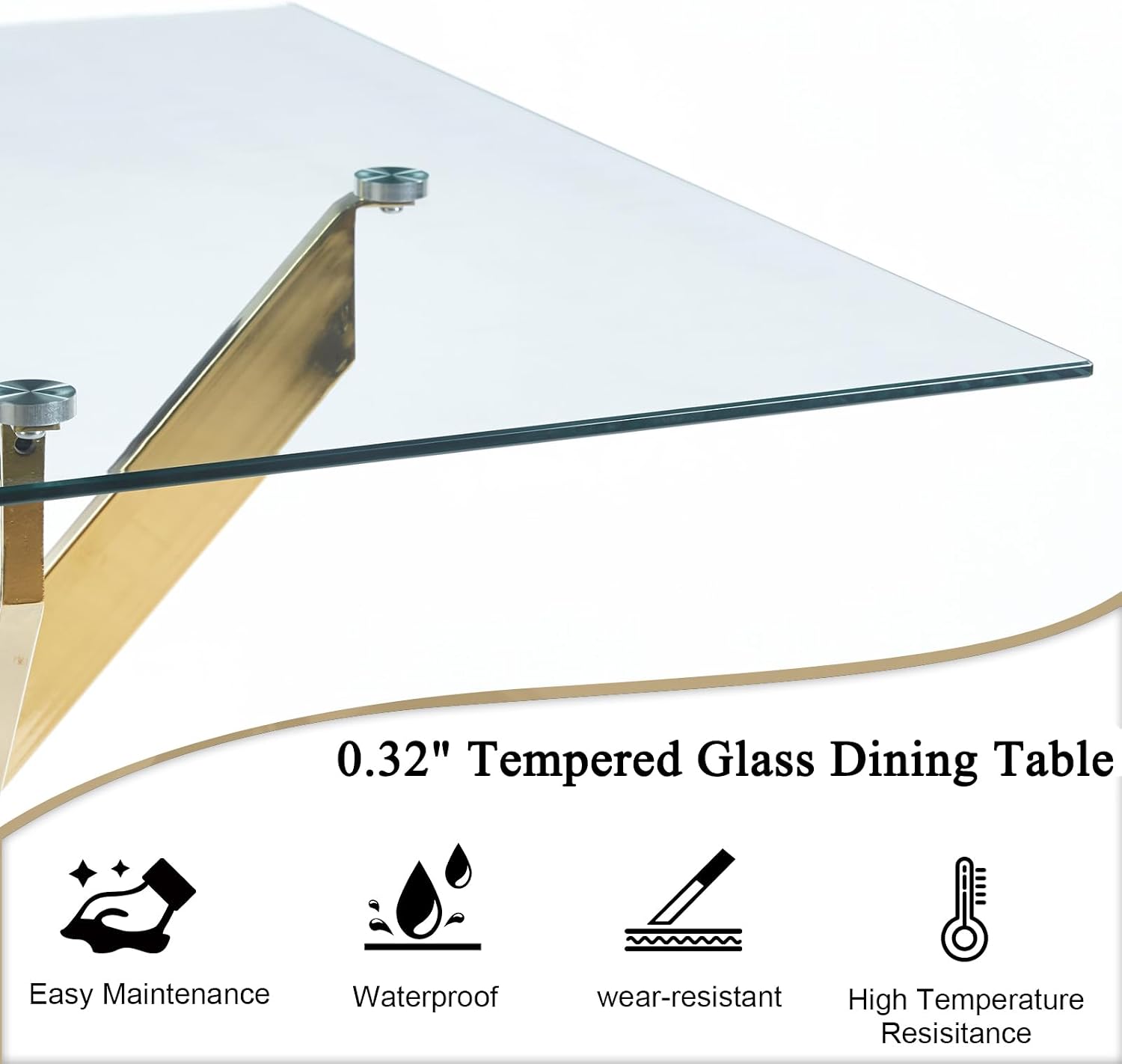 36' Square Dining Table for 4, Modern Clear Glass Kitchen Table for 4 with Gold X Metal Legs, Contemporary Small Glass Dining Room Leisure Tables for Kitchen Apartment