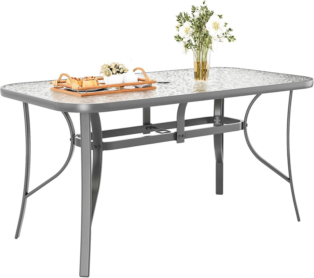 TLSUNNY Patio Outdoor Table W/ 1.69″ Umbrella Hole, 30'X 55' Rectangular Tempered Glass Patio Dining Table for 6, Outdoor Metal Furniture, All-Weather Use, for Patio, Graden, Backyard (Grey)