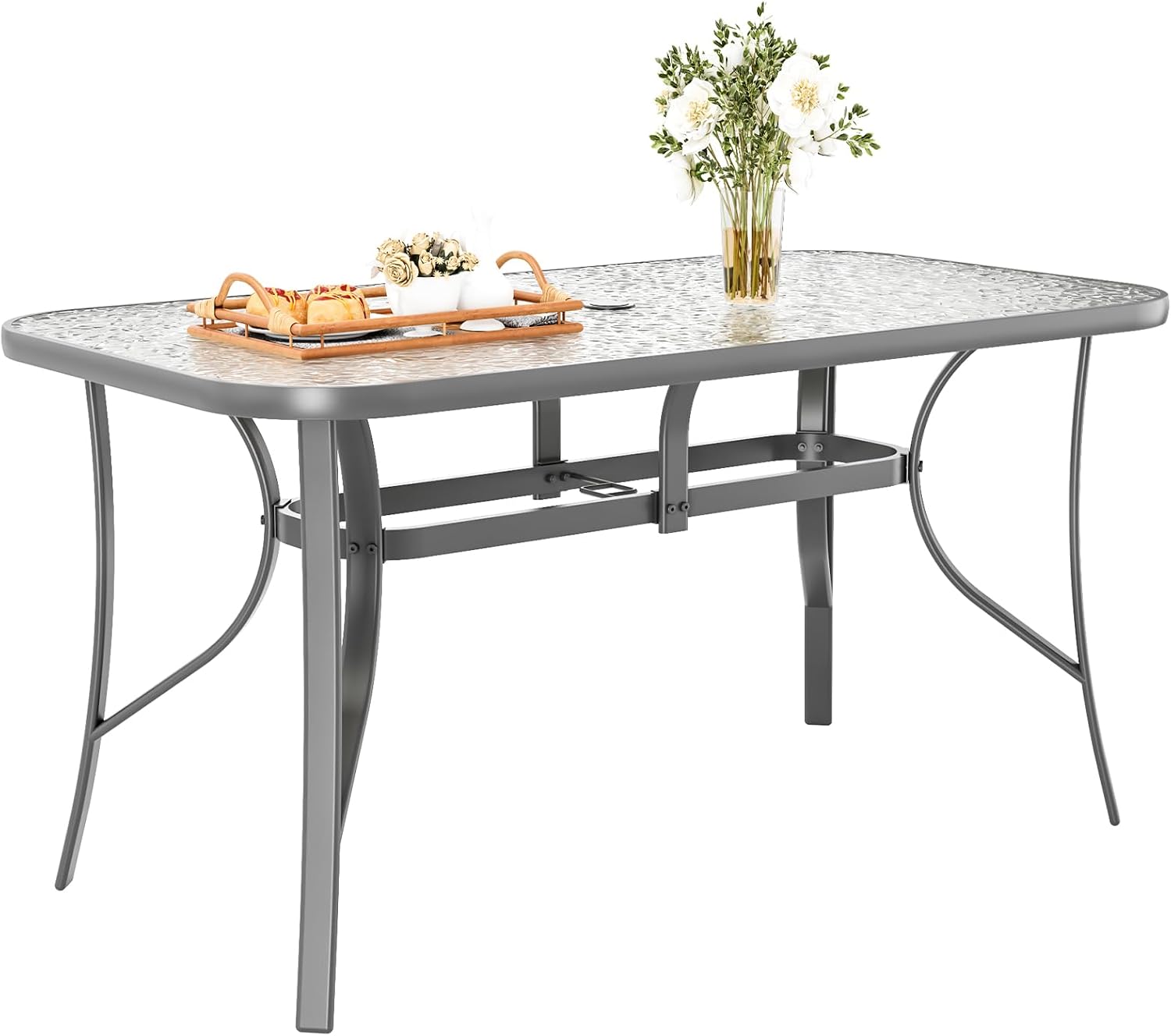 TLSUNNY Patio Outdoor Table W/ 1.69″ Umbrella Hole, 30'X 55' Rectangular Tempered Glass Patio Dining Table for 6, Outdoor Metal Furniture, All-Weather Use, for Patio, Graden, Backyard (Grey)
