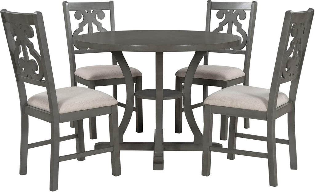 Harper & Bright Designs Retro Style Round Kitchen Dining Table Set for 4, 5 Piece Round Dining Table and 4 Fabric Chairs with Special-Shaped Table Legs and Storage Shelf, Gray
