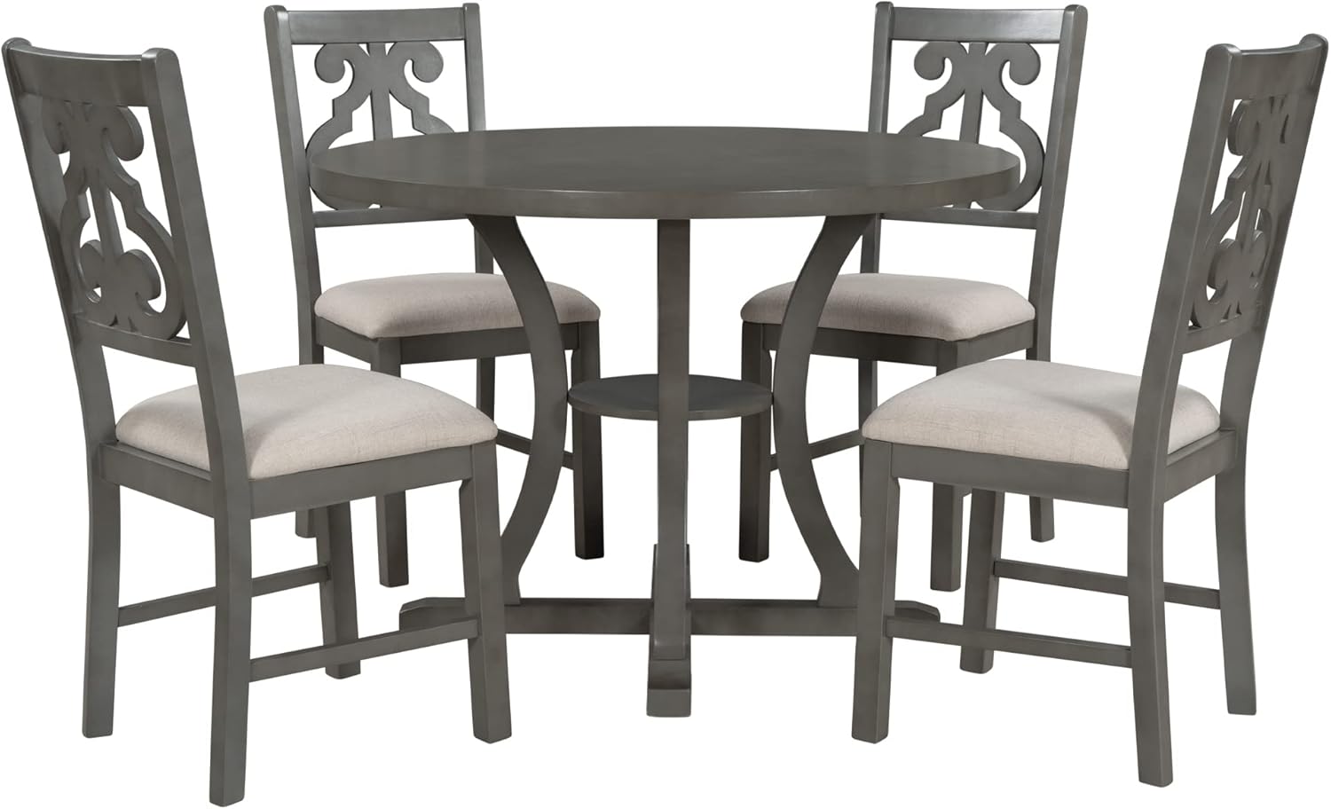 Harper & Bright Designs Retro Style Round Kitchen Dining Table Set for 4, 5 Piece Round Dining Table and 4 Fabric Chairs with Special-Shaped Table Legs and Storage Shelf, Gray