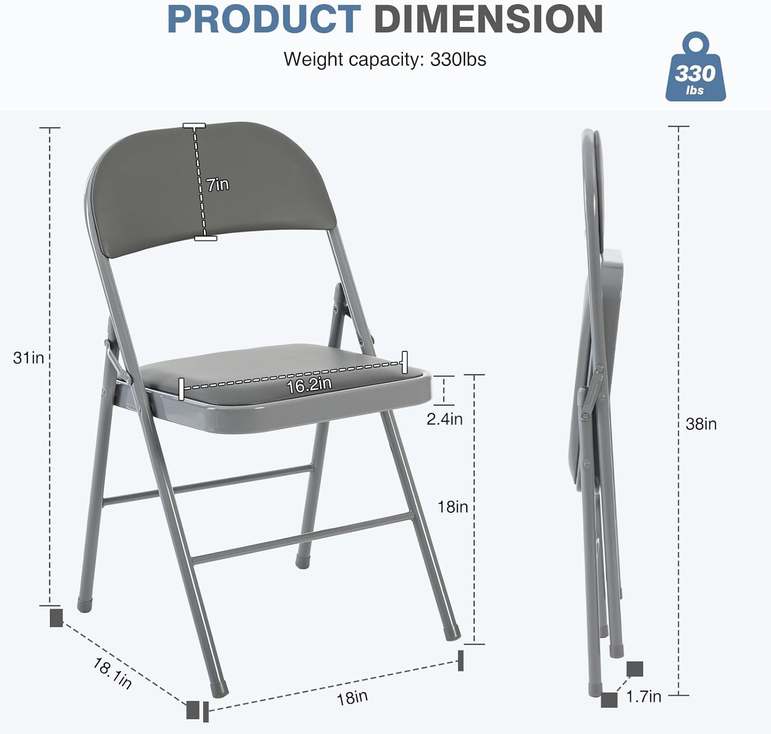 DUMOS 8 Pack Folding Chairs with Padded Cushion and Back - PU Leather Stackable Portable Dining Chairs Set, for Home and Office, Conference, Wedding, Party, Patio, Garden, for Indoor Outdoor, Grey