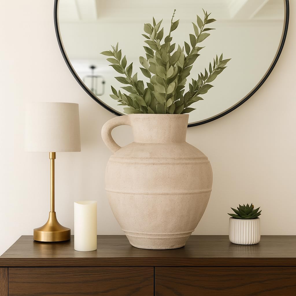 Elegant Pottery Jug Vase with Handle for Living Room Decor and Home Accents - Decorative Flower Vase for Room, Bedroom, or Office Display - Elevates House and Table Styling - 22', Ivory & Tan
